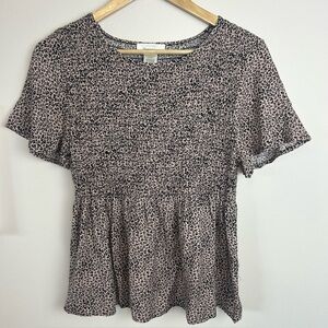 Urban Romantics Leopard Print Smocked Peplum Flutter Sleeve Blouse